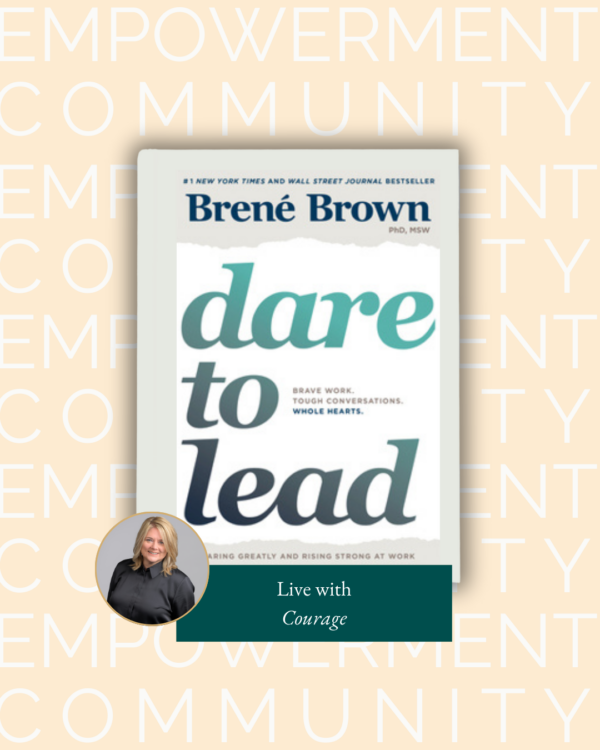 The cover of the book Dare to Lead with the words "Empowerment Community" repeated in the background.