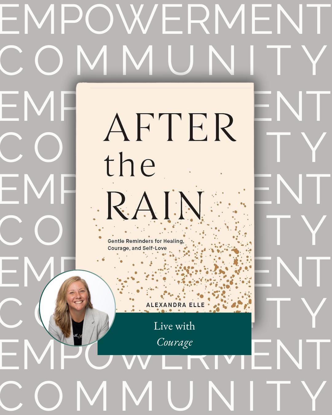 Cover of book After the Rain by Alexandra Elle on a background that repeats "Empowerment Community"